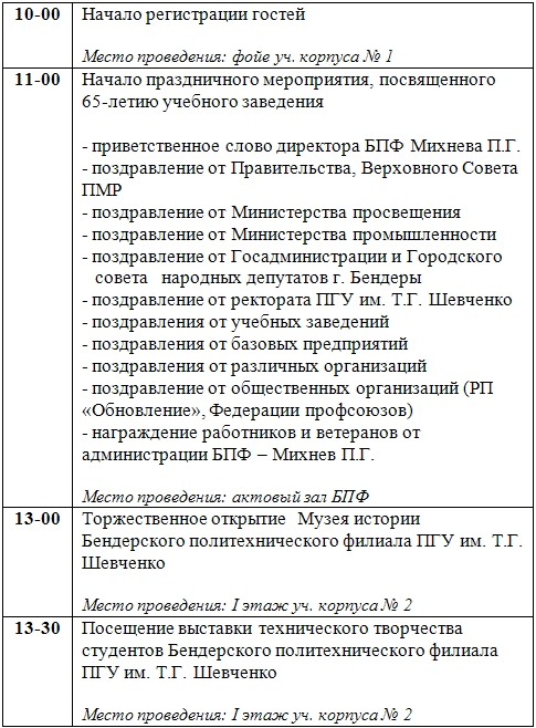 Программа празднования Программа празднования